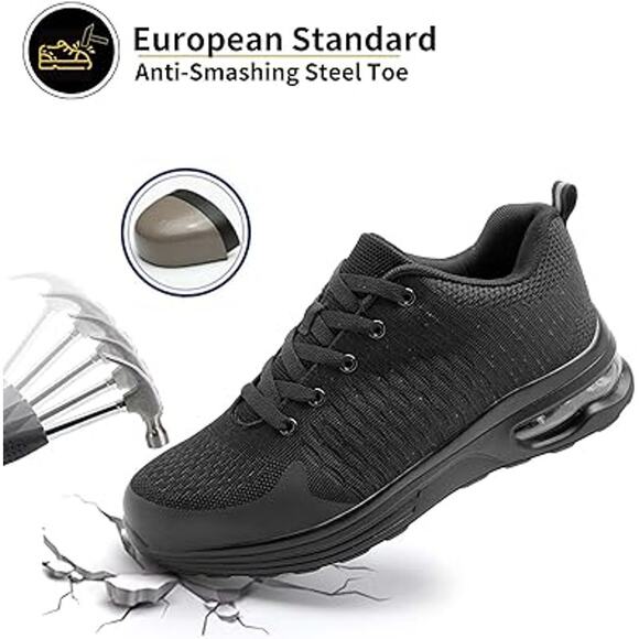 Lupwee Mens Size 14 Black Breatheable Mesh Lace Up Steel Toe Non Slip Work Shoes - Picture 2 of 7